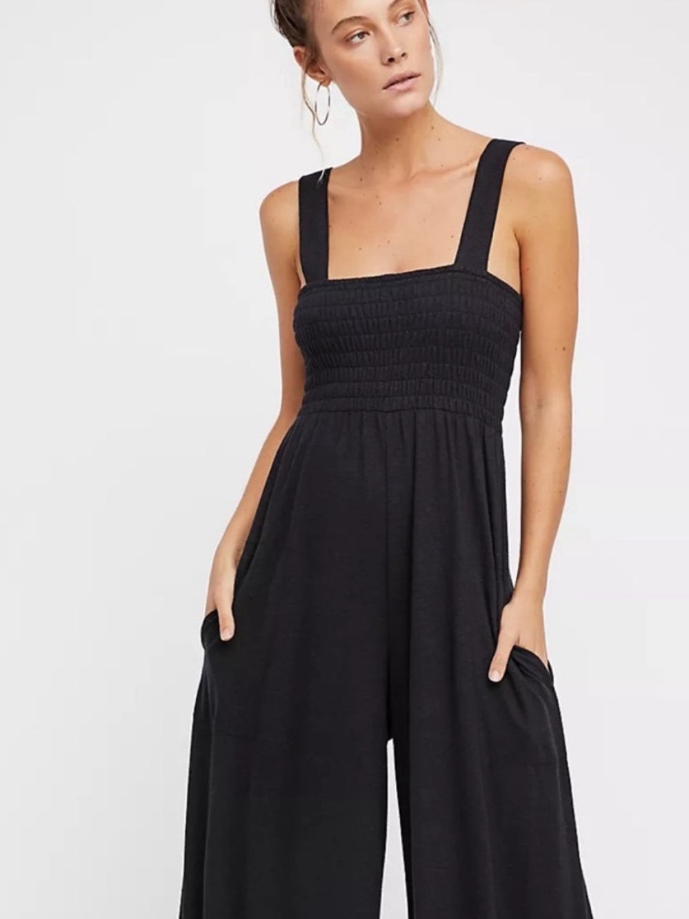 Free People FP Beach Black Smocked Wide Leg Jumpsuit XS